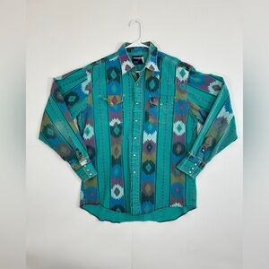 Vintage Wrangler Brushpopper Pearl Snap Shirt 16.5/35 Striped Aztec 90s USA RARE